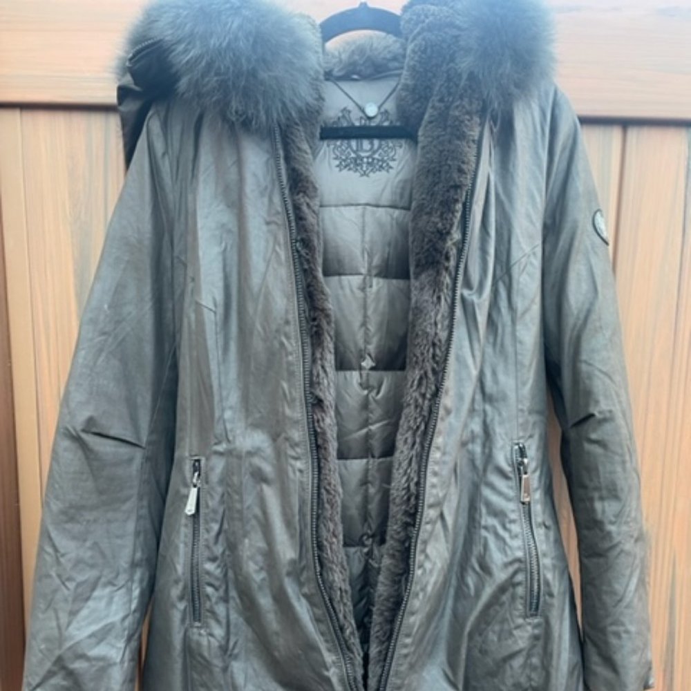 Beautiful Dawn Levy Women's Down & Fox Fur Trim Hooded Coat Jacket size XS